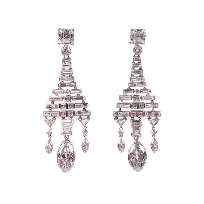 Pair of Art Deco marquise diamond and articulated diamond panel earrings | MasterArt